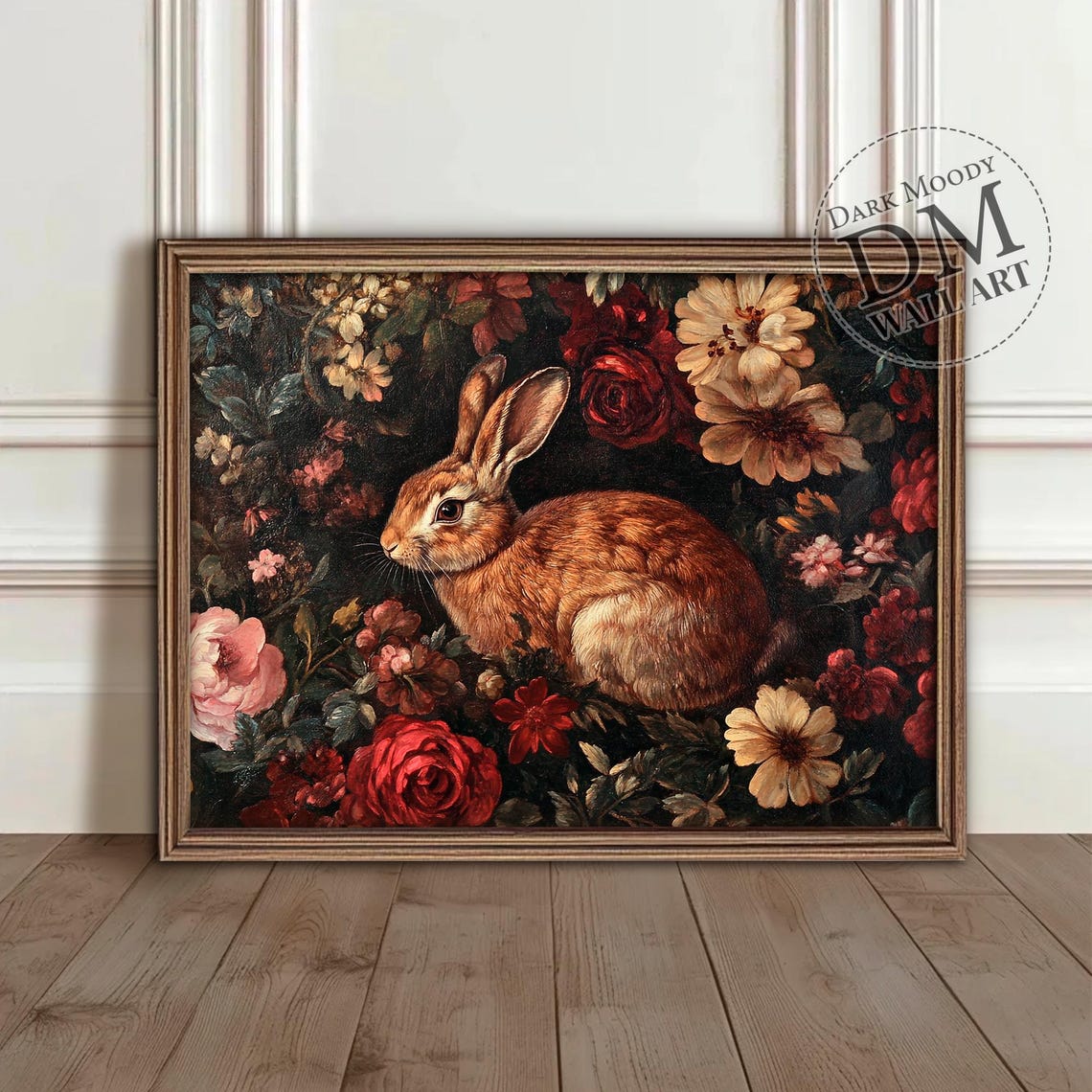 Brown Rabbit Among Dark Red Roses Vintage Floral Bunny Wall Art