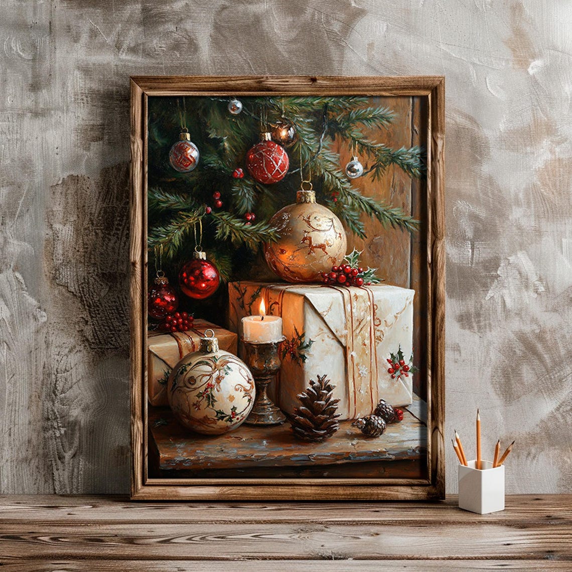 Christmas Ornaments Still Life Gifts Candle Pinecones Poster - Image 6