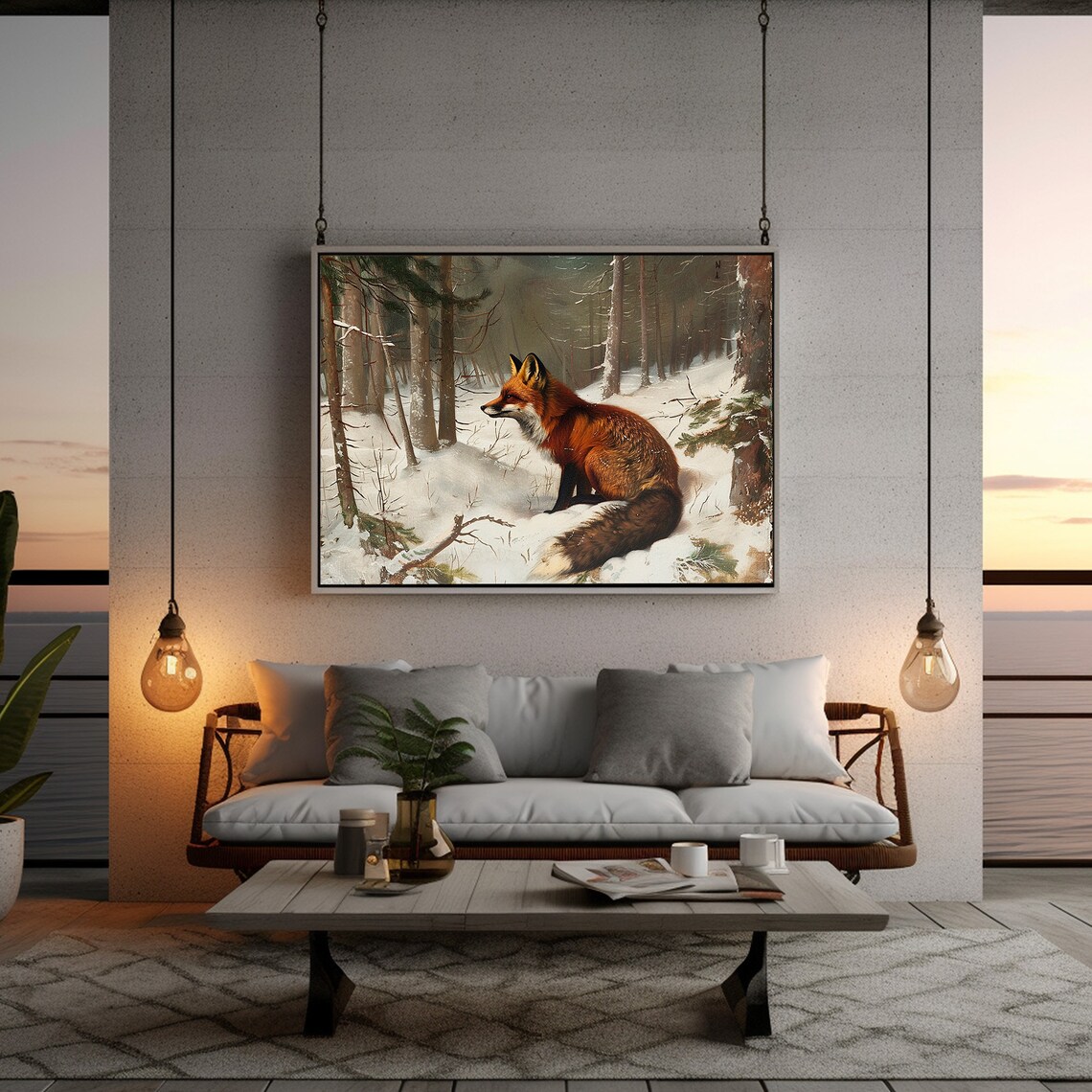 Red Fox Resting In Snowy Forest Winter Wildlife Oil Painting Poster - Image 4