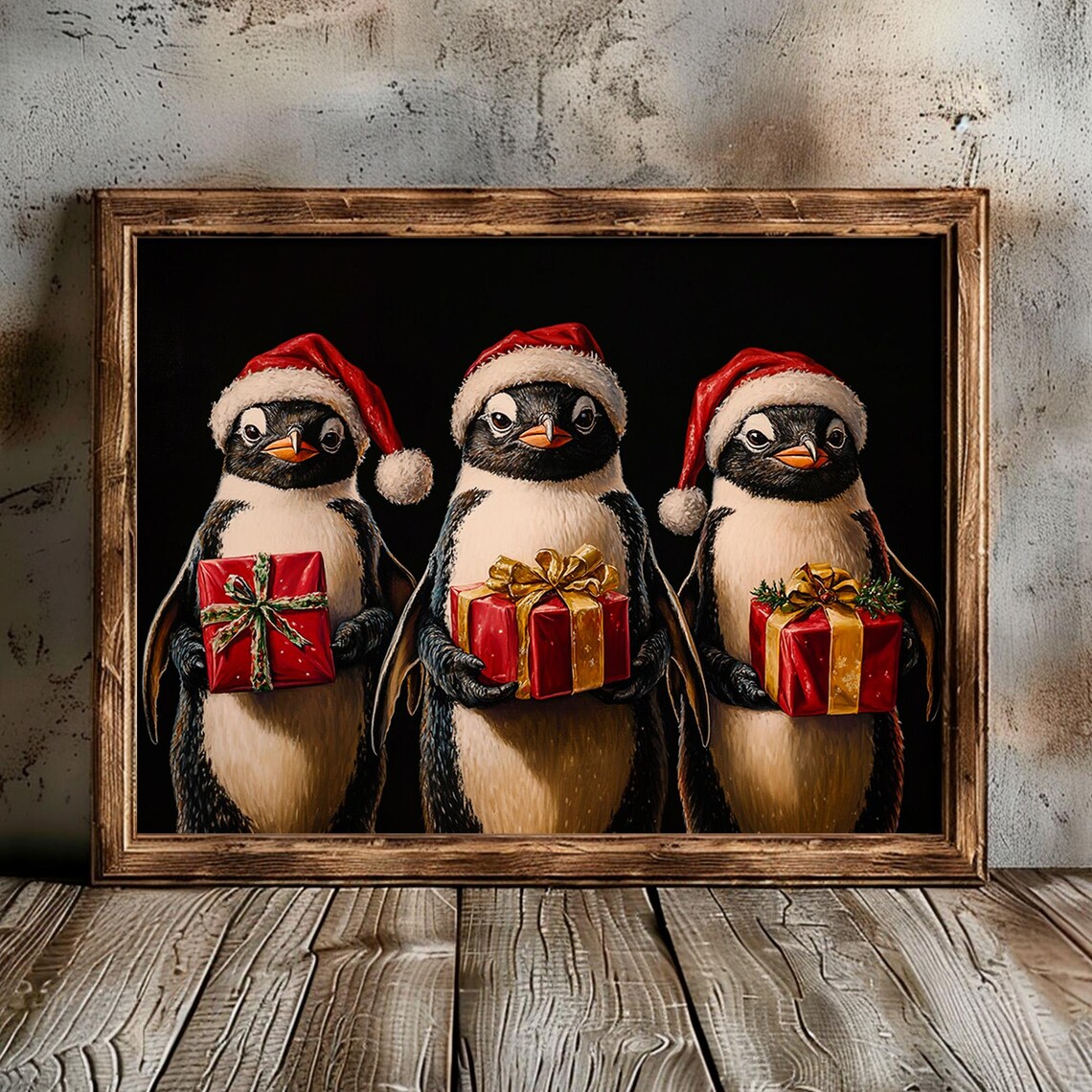 Penguins in Santa Hats Holding Gifts Vintage Christmas Poster - Image 5