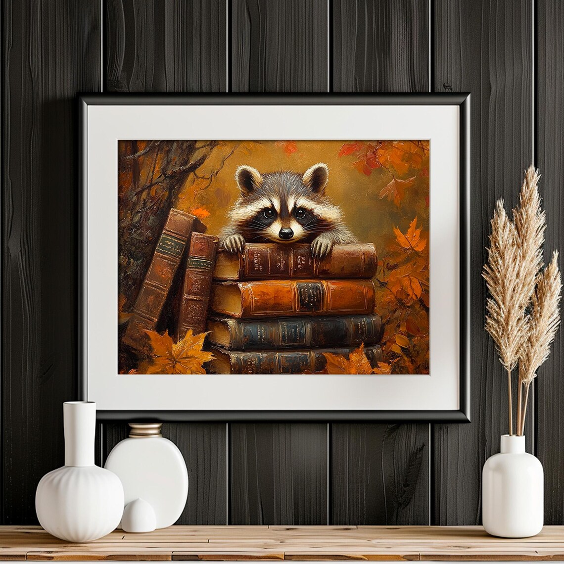 Vintage Raccoon On Stacked Antique Books Fall Autumn Leaves Wall Art - Image 2
