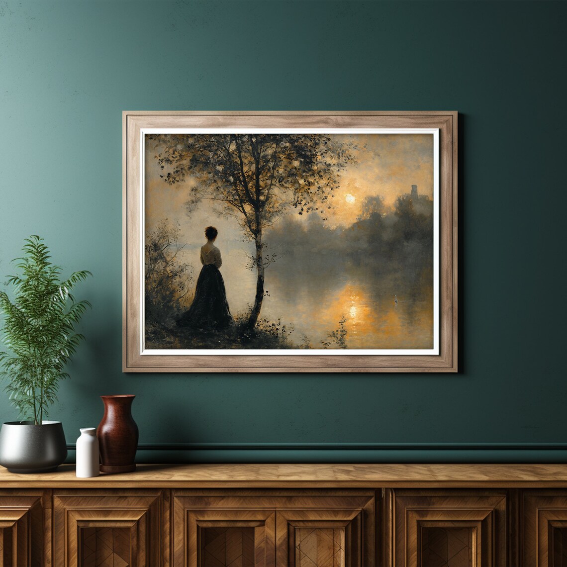 Woman in Long Dress by Lake at Golden Sunset Romantic Fall Painting Poster - Image 6
