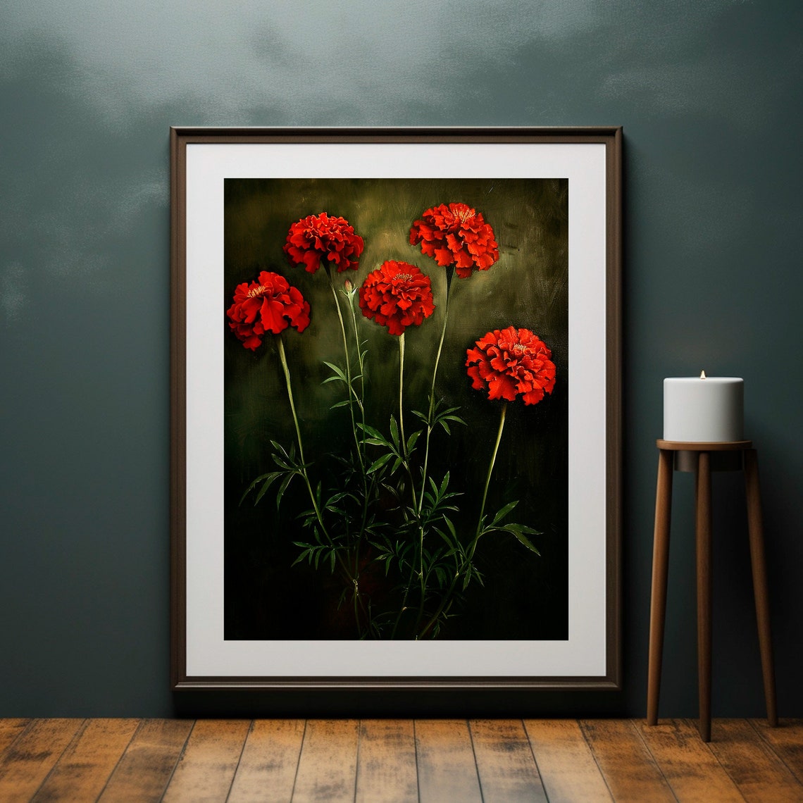 Red Marigold Blossoms Dark Moody Vintage Flower Artwork Poster - Image 6