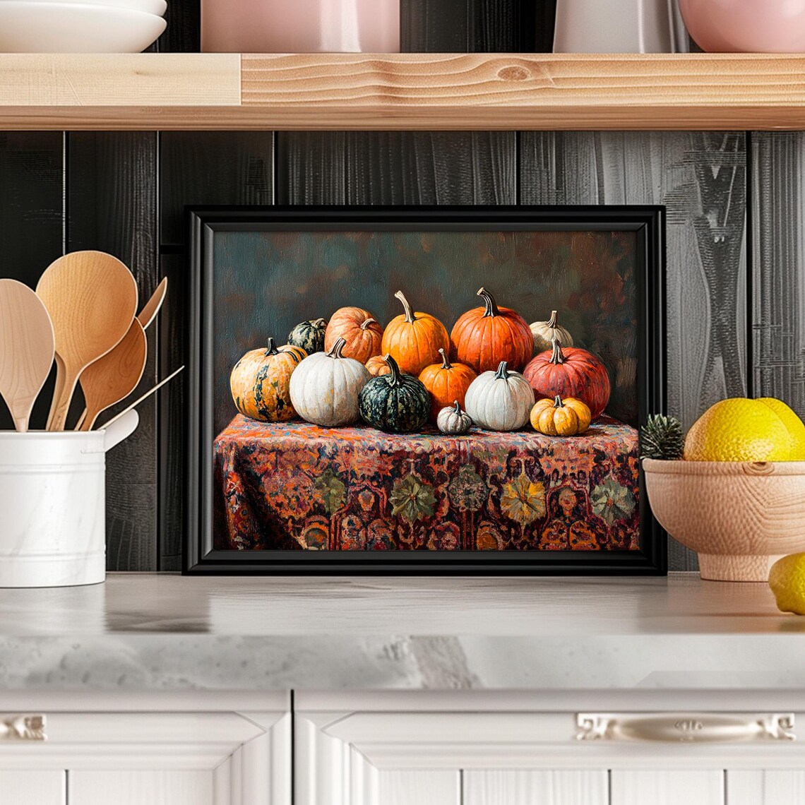 Pumpkin Harvest Still Life With Colorful Gourds Rustic Autumn Oil Painting Poster - Image 5
