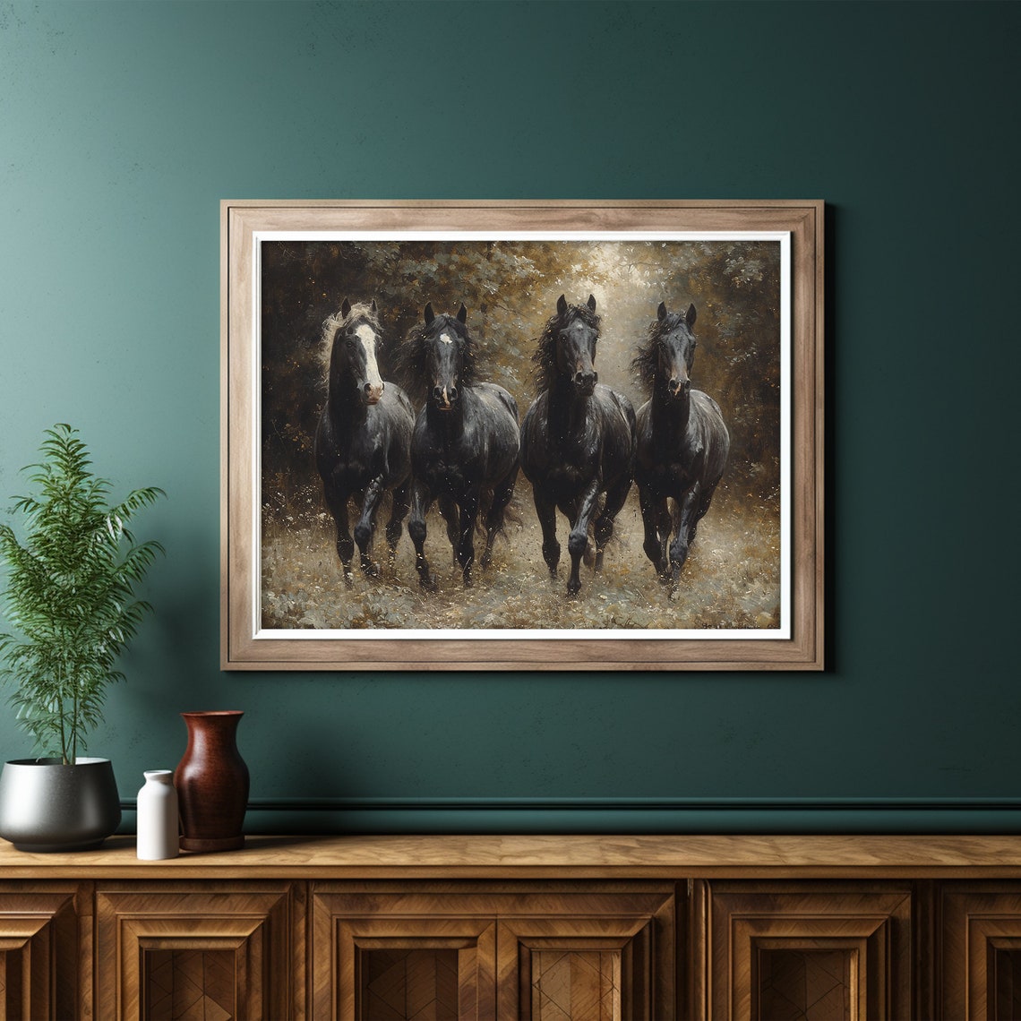 Four Black Horses Herd Dark Moody Equestrian Oil Painting Poster - Image 6