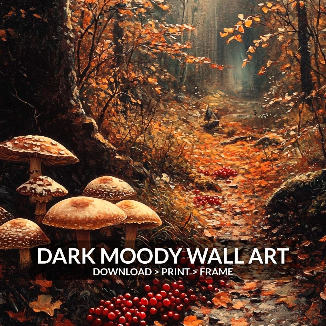 Mushrooms Forest Floor Autumn Path Woodland Painting Wall Art - Image 6
