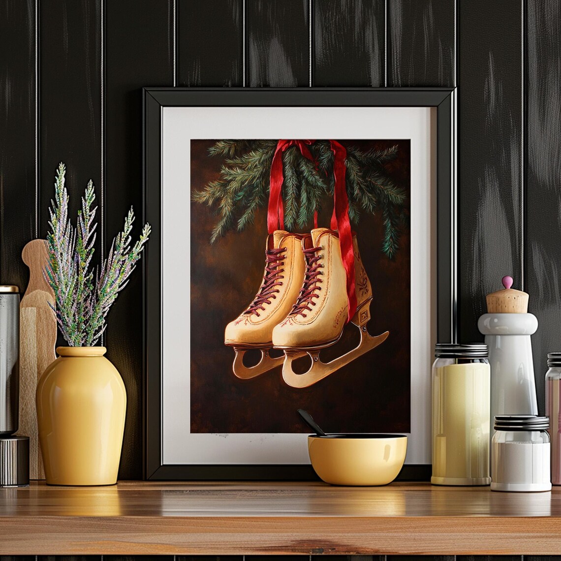 Vintage Ice Skates Christmas Hanging Evergreen Red Ribbon Wall Art - Image 4
