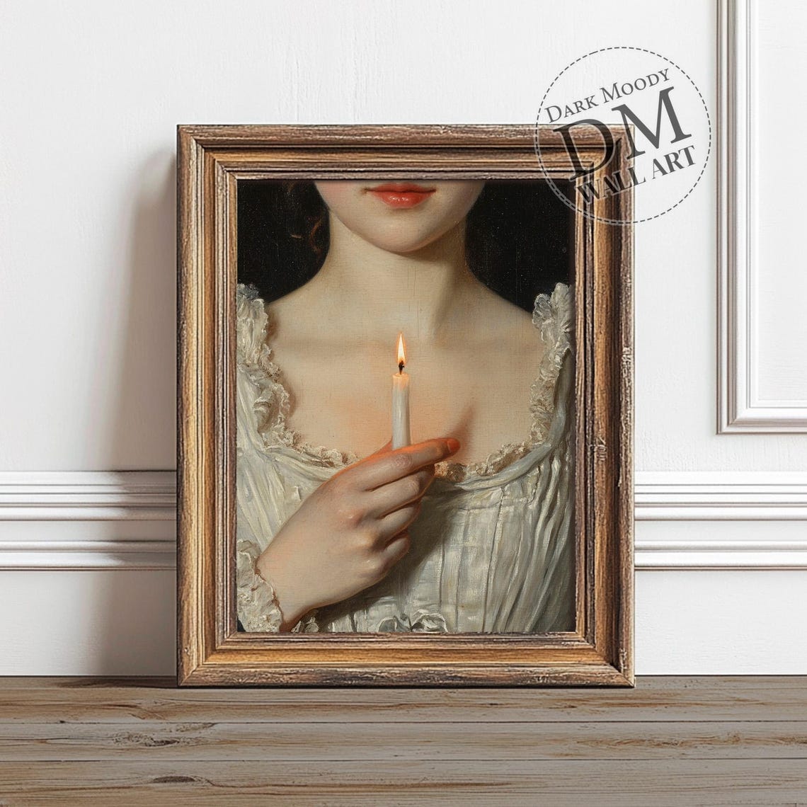 Woman Holding Candle Dark Moody White Gown Portrait Art Poster