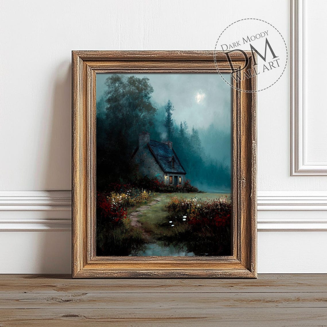 Foggy Cottage Moody Rustic Cabin Forest Landscape Painting Poster