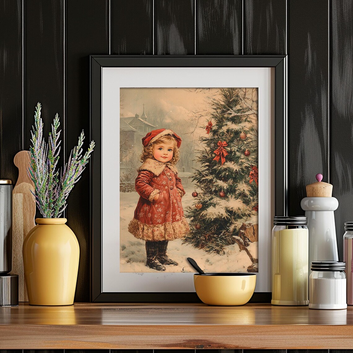Vintage Girl in Red Coat Beside Snowy Christmas Tree Wall Art - Image 4