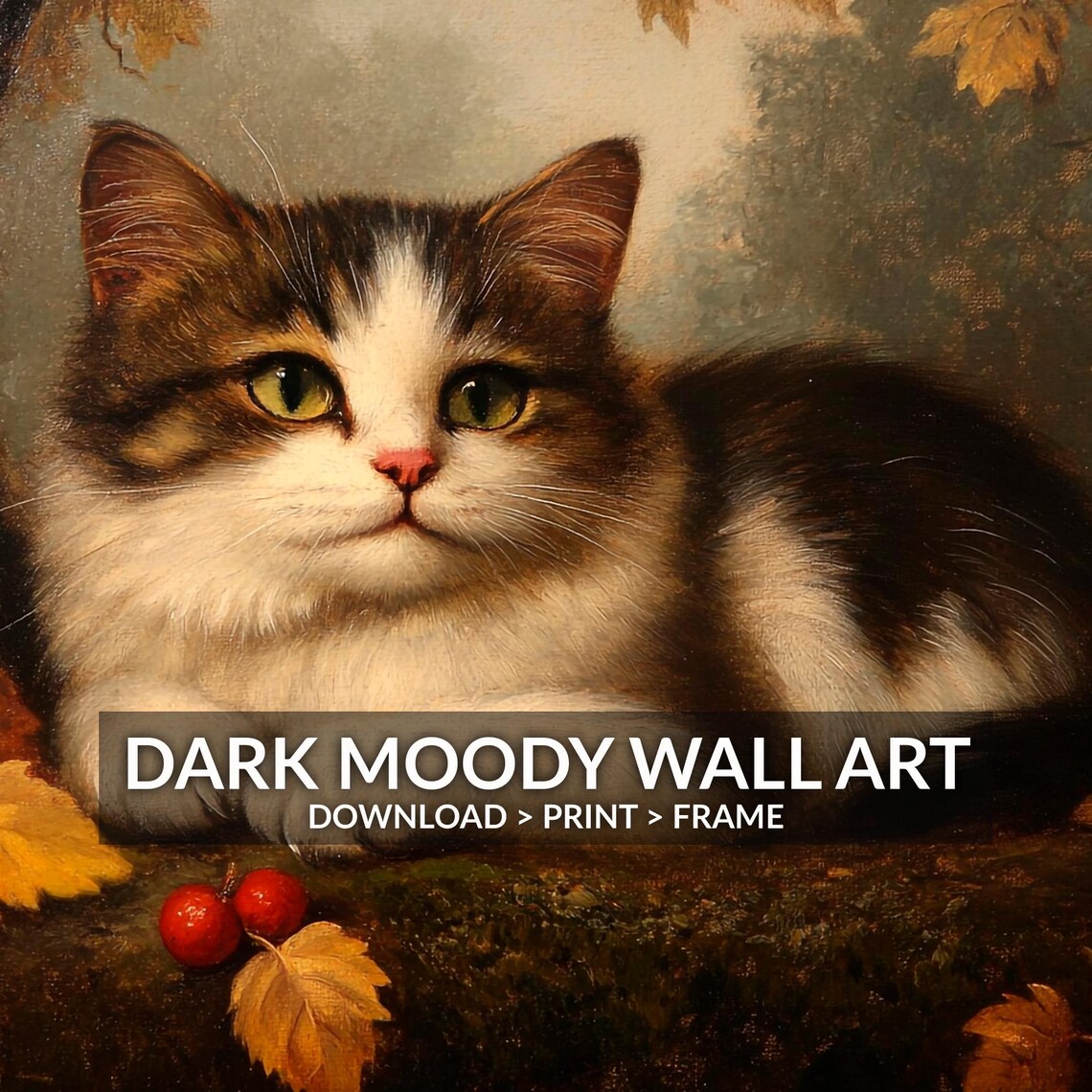 Fluffy Brown White Cat Autumn Berries Vintage Moody Portrait Poster - Image 6