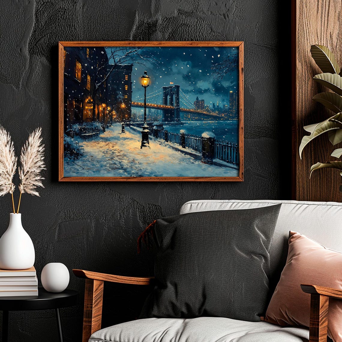 Brooklyn Bridge Night Snowy Riverside Promenade Lights Poster - Image 2