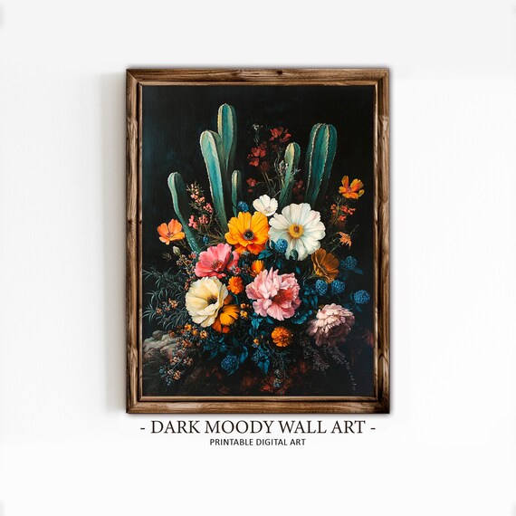 Cactus And Flowers Botanical Moody Art Print