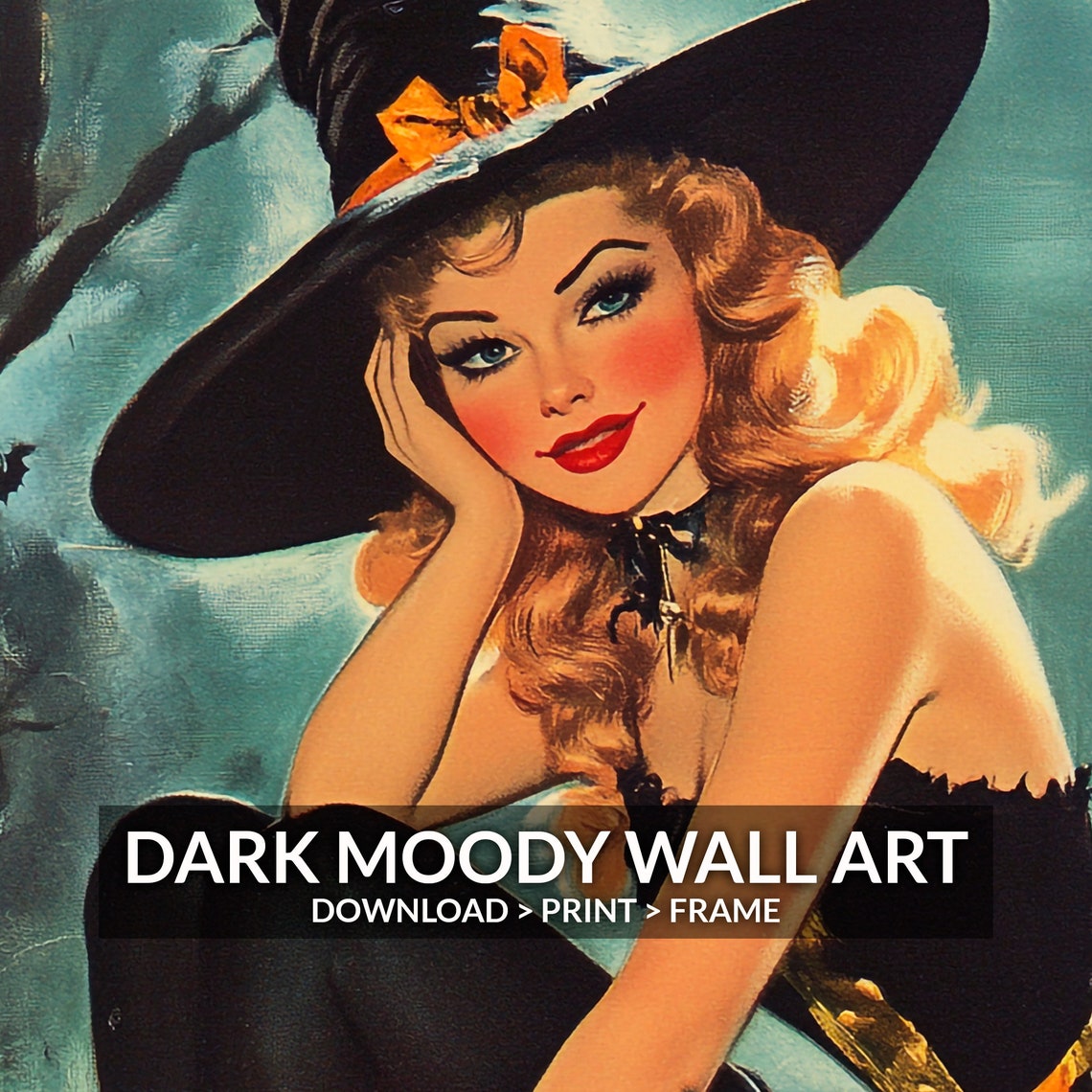 Retro Pinup Witch With Pumpkin Moonlit Halloween Painting Print - Image 6