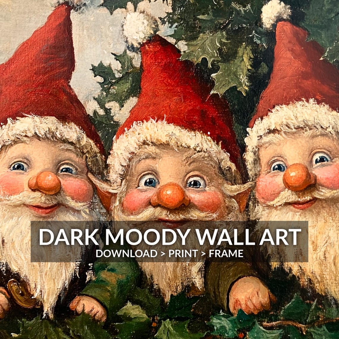Three Smiling Christmas Elves Peeking Through Holly Wall Art - Image 2