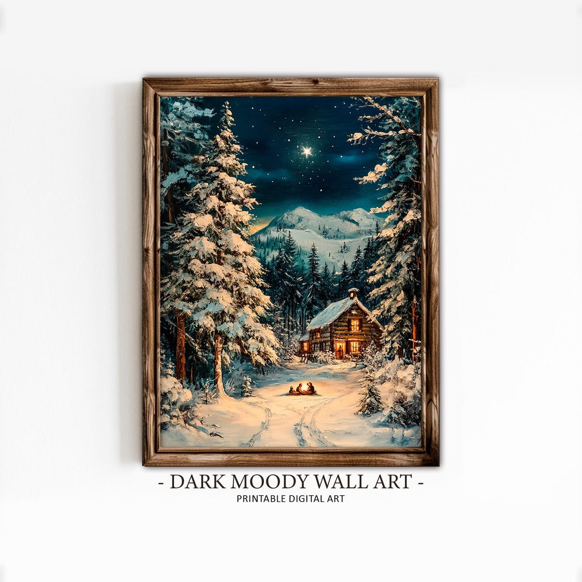 Starlit Log Cabin in Snowy Pine Forest Christmas Night Wall Art