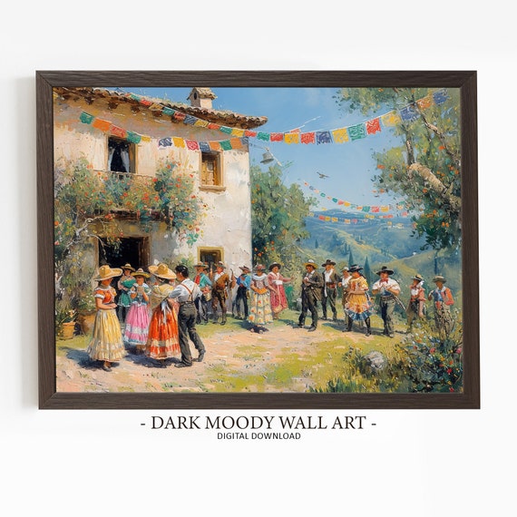 Mexican Fiesta Rustic Village Dance and Music Scene Art Print