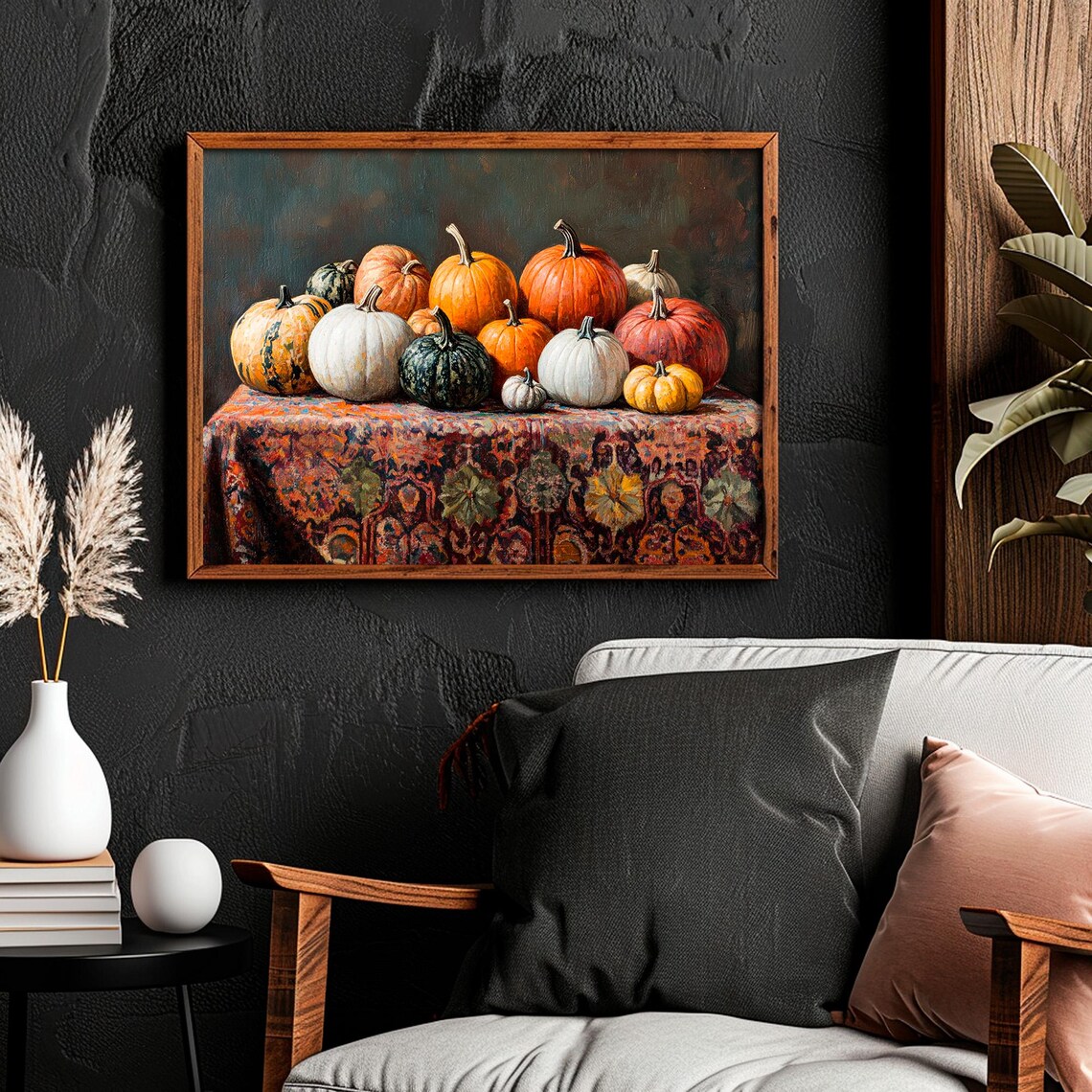 Pumpkin Harvest Still Life With Colorful Gourds Rustic Autumn Oil Painting Poster - Image 3