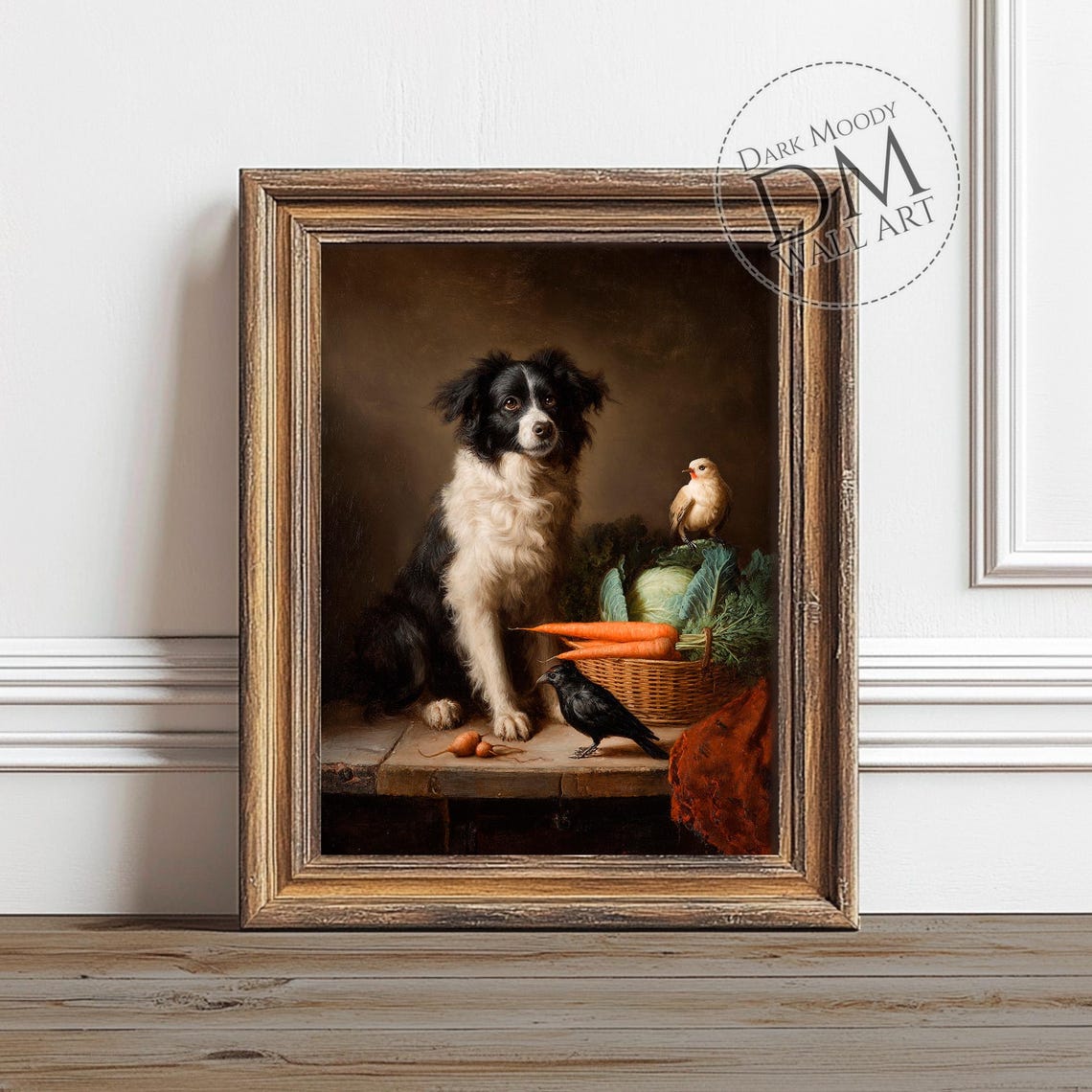 Black And White Dog With Birds Basket Moody Still Life Art Print