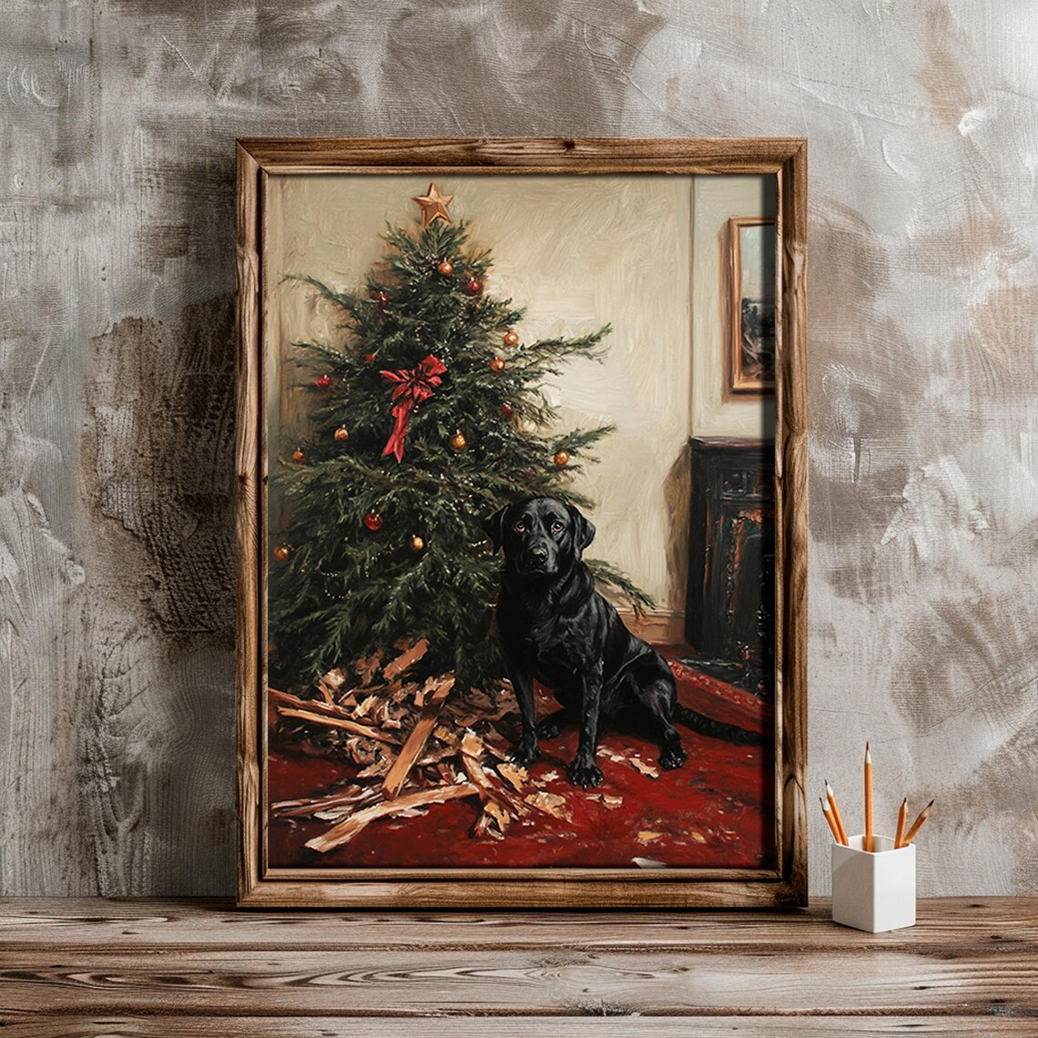 Christmas Dog Print, Vintage Rustic Farmhouse Art Print - Image 2