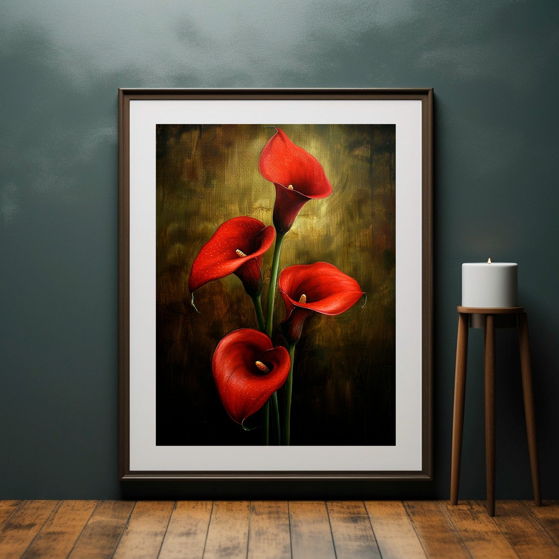 Bold Red Calla Lilies Quartet Moody Dark Floral Painting Poster - Image 6