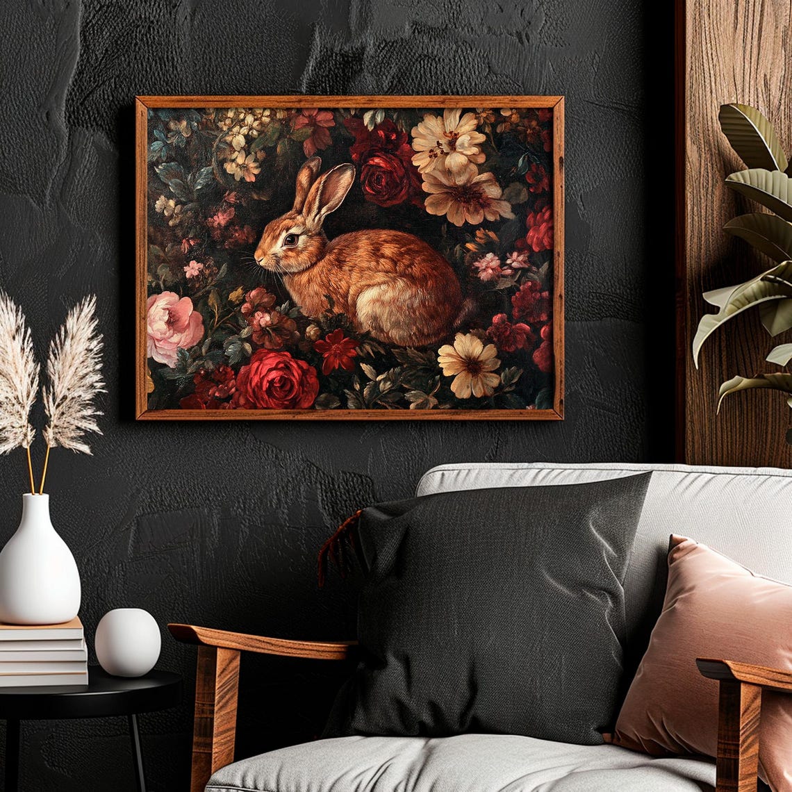 Brown Rabbit Among Dark Red Roses Vintage Floral Bunny Wall Art - Image 5