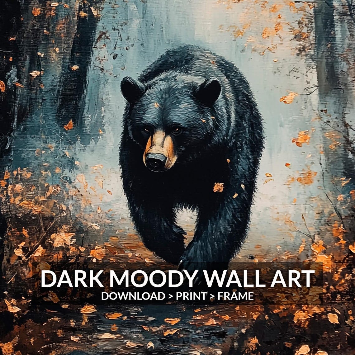 Black Bear Misty Autumn Forest Path Wildlife Painting Wall Art - Image 6