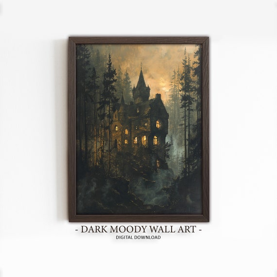 Gothic Castle Painting Dark Moody Halloween Print Victorian Medieval Castle Art