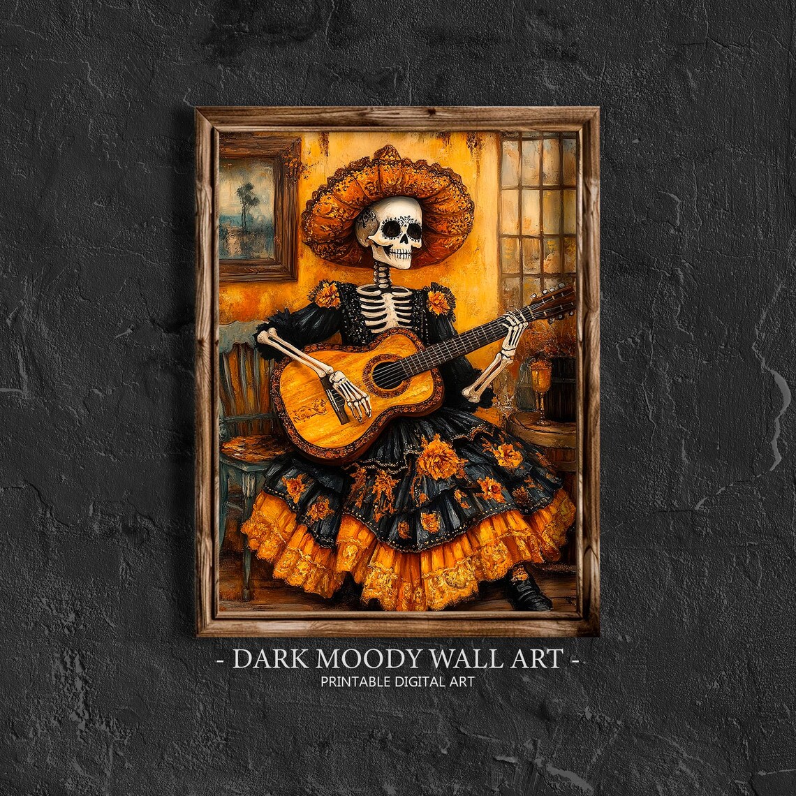 Day of the Dead Catrina Sombrero Guitar Vintage Painting Poster