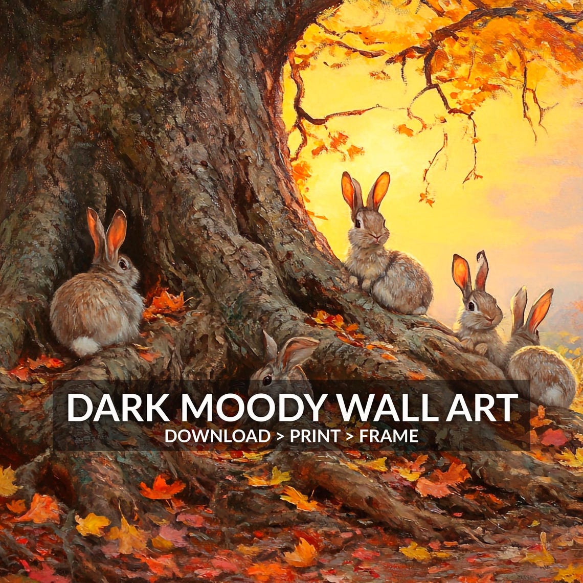 Fall Prints Bunny Rabbits Under Tree Rustic Autumn Landscape Painting Moody Fall Wall Art Autumn Thanksgiving Decor Hare Art - Image 2