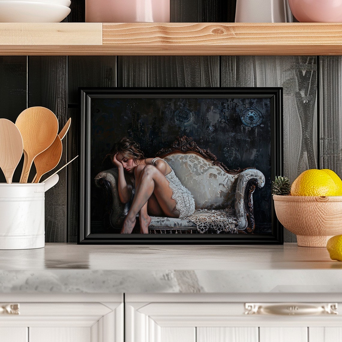 Woman In White Lace Antique Sofa Dark Moody Victorian Art Poster - Image 2
