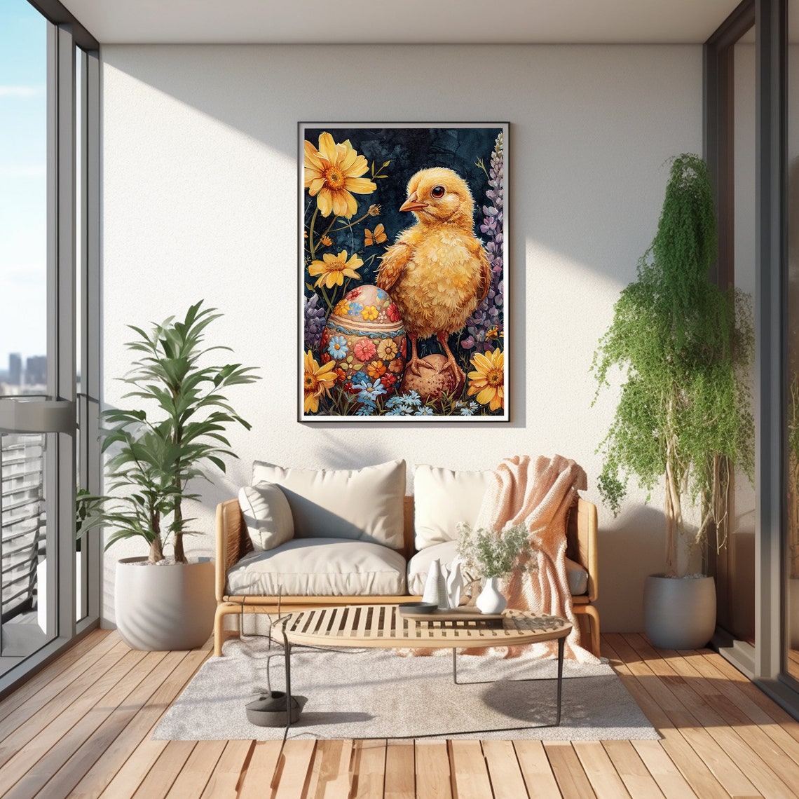 Yellow Chick Painted Easter Egg Sunflower Garden Watercolor Poster - Image 2