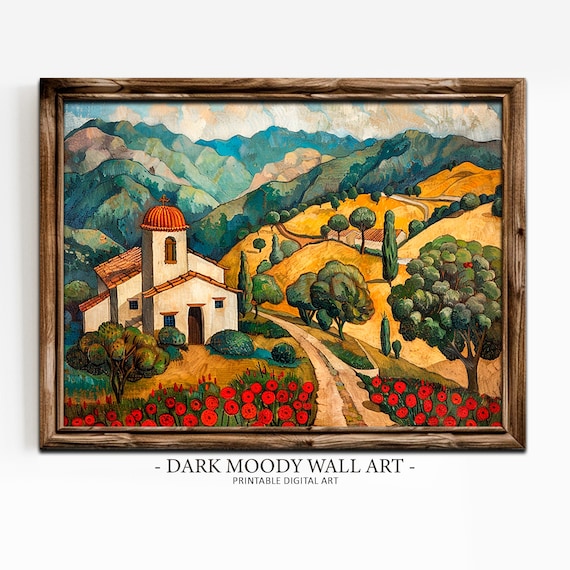 Rustic Mission Chapel Golden Hillside Red Poppy Field Wall Art