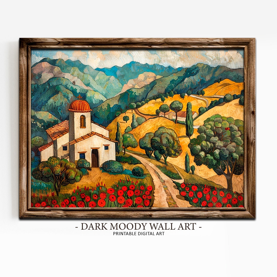 Rustic Mission Chapel Golden Hillside Red Poppy Field Wall Art
