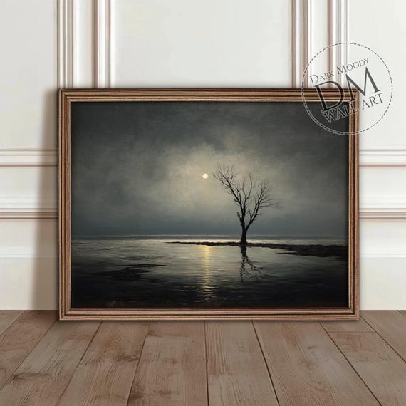 Moonlit Tree Landscape Gothic Night Lake Art Print