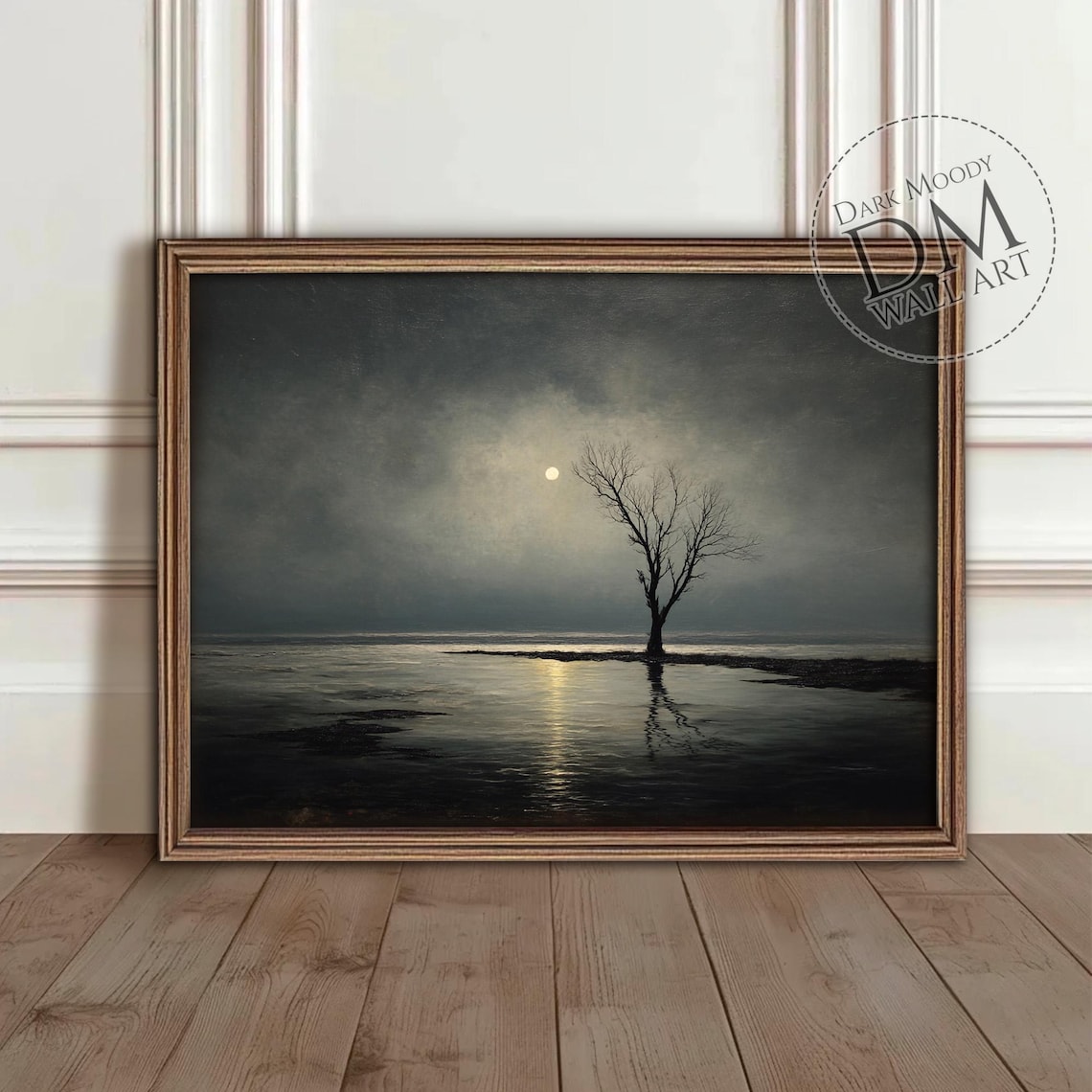 Moonlit Tree Landscape Gothic Night Lake Art Print