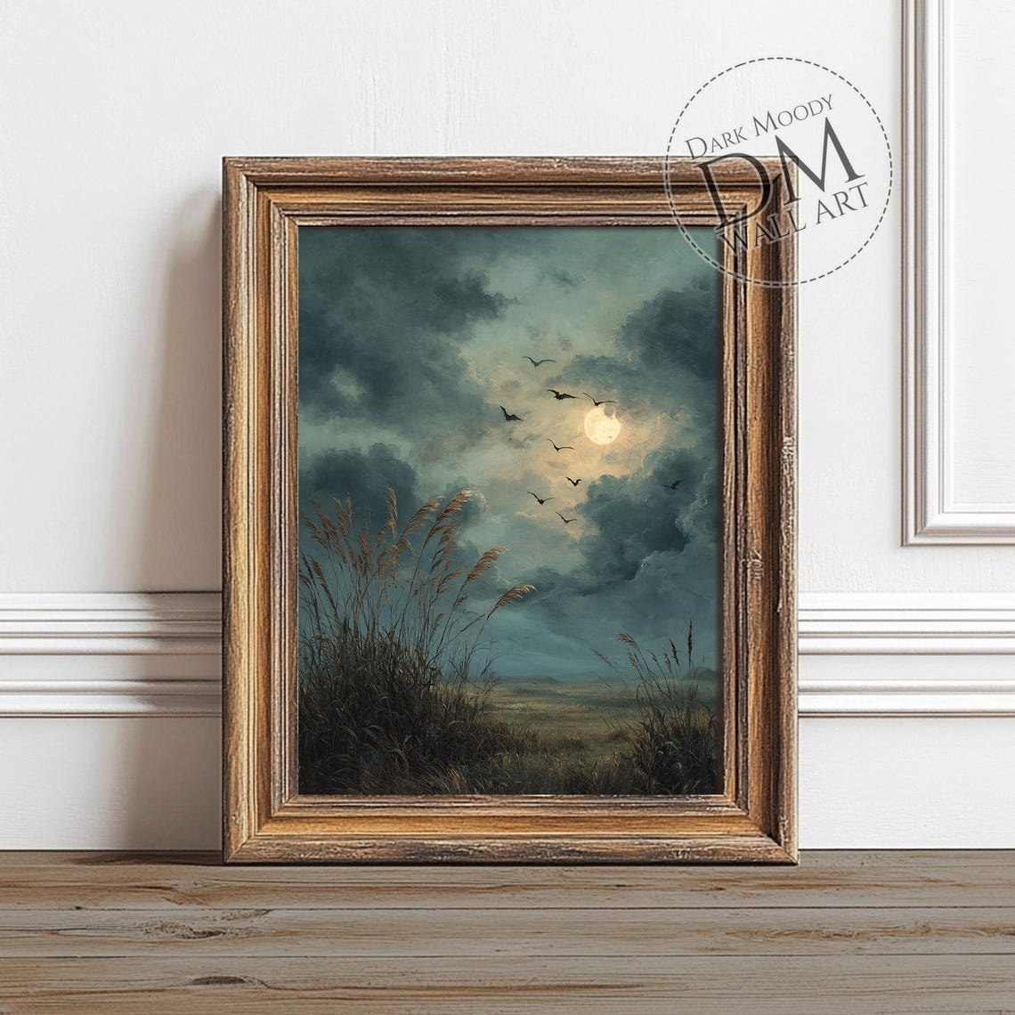 Bats Flying Moonlit Cloudy Night Marsh Grasses Dark Gothic Art Print
