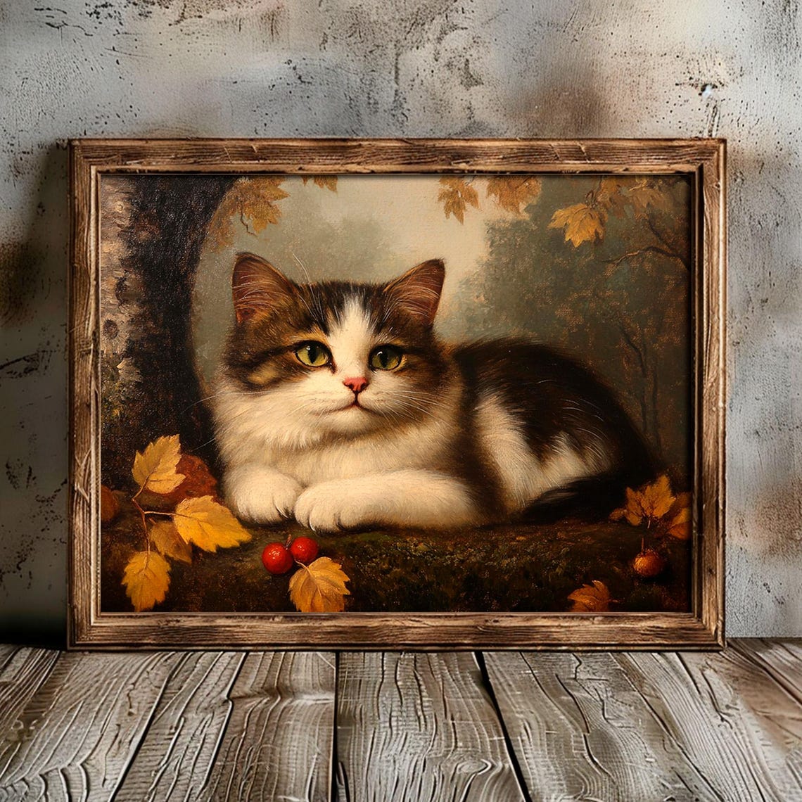 Fluffy Brown White Cat Autumn Berries Vintage Moody Portrait Poster - Image 4