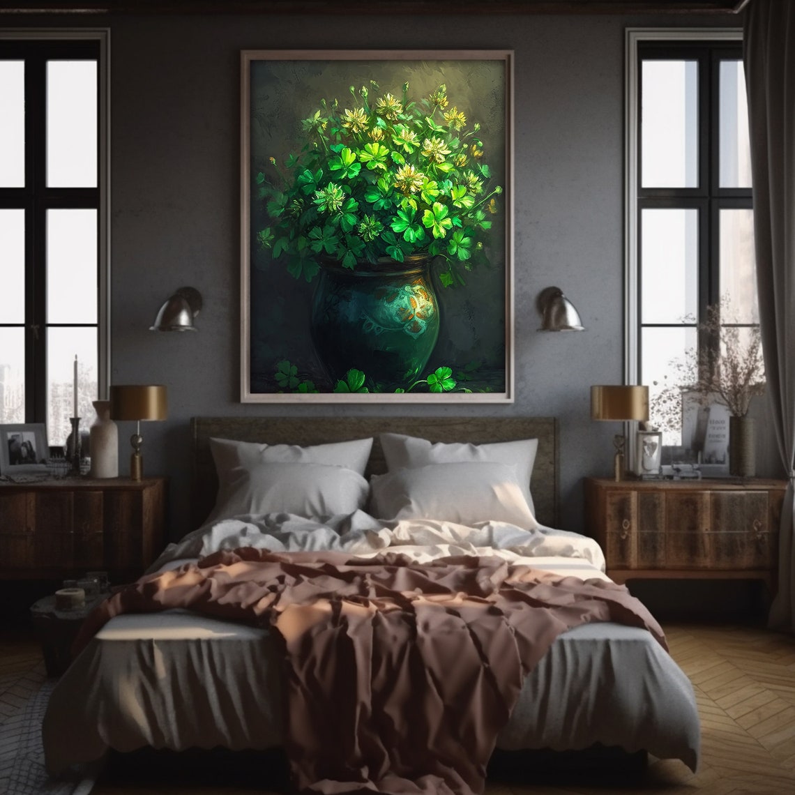 Green Shamrock Bouquet Dark Moody Botanical Still Life Wall Art - Image 3