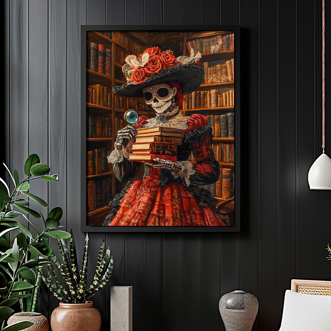 Day of the Dead Catrina Librarian Books Library Sugar Skull Gothic Portrait Poster - Image 6