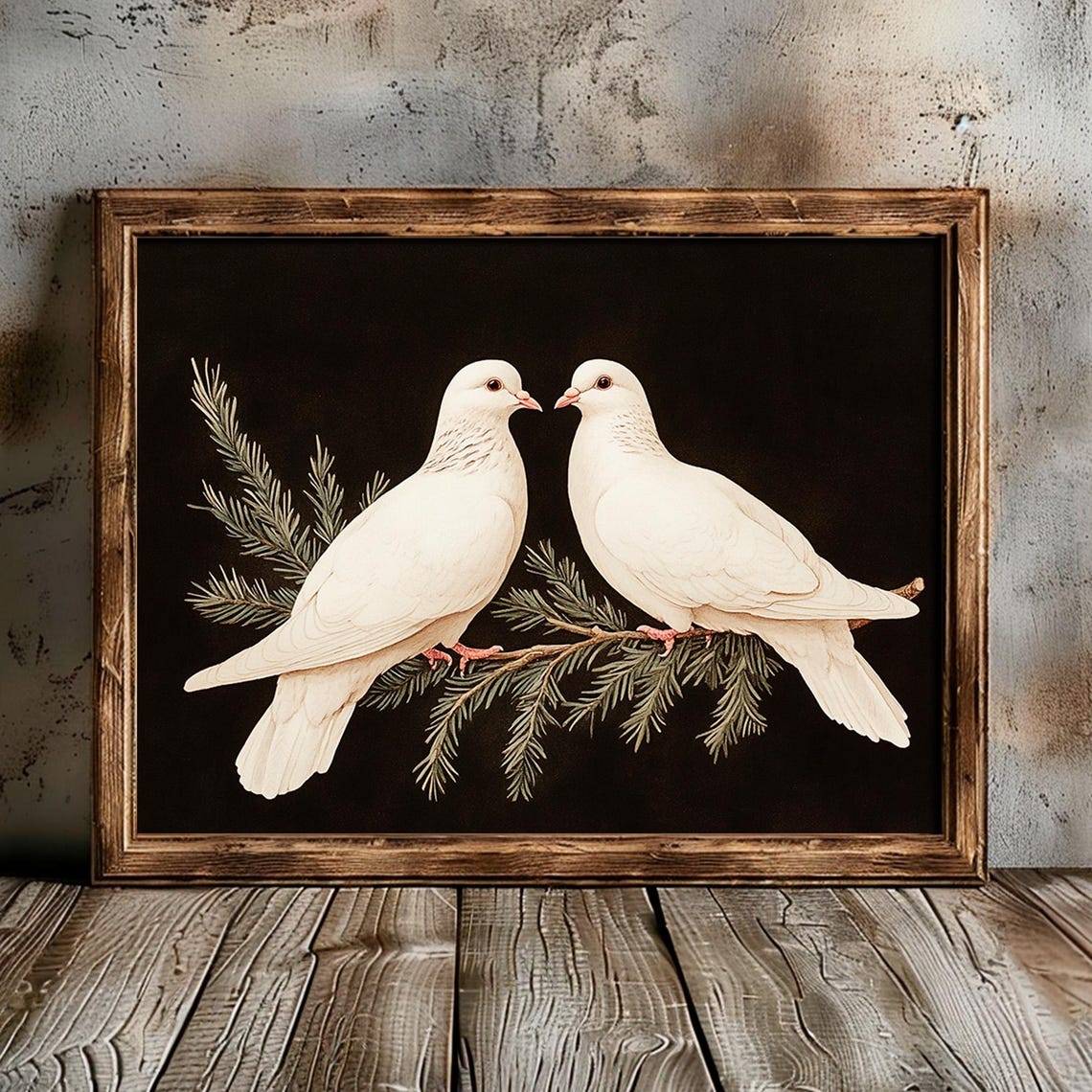 Two White Doves Christmas Winter Birds On Evergreen Branch Wall Art - Image 5
