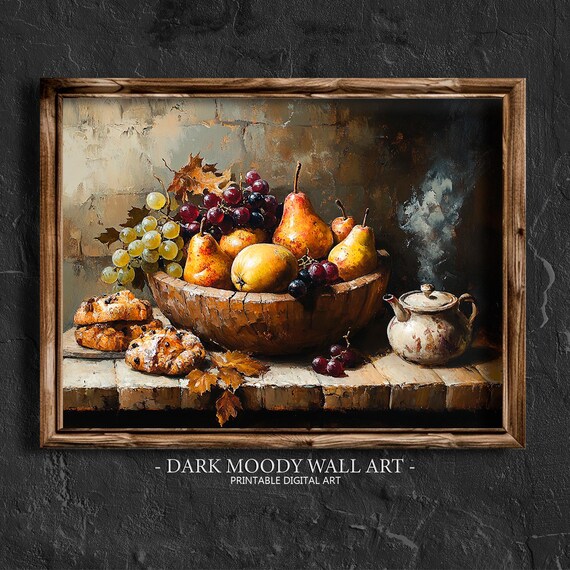 Pears Grapes Pastries Rustic Table Autumn Still Life Wall Art