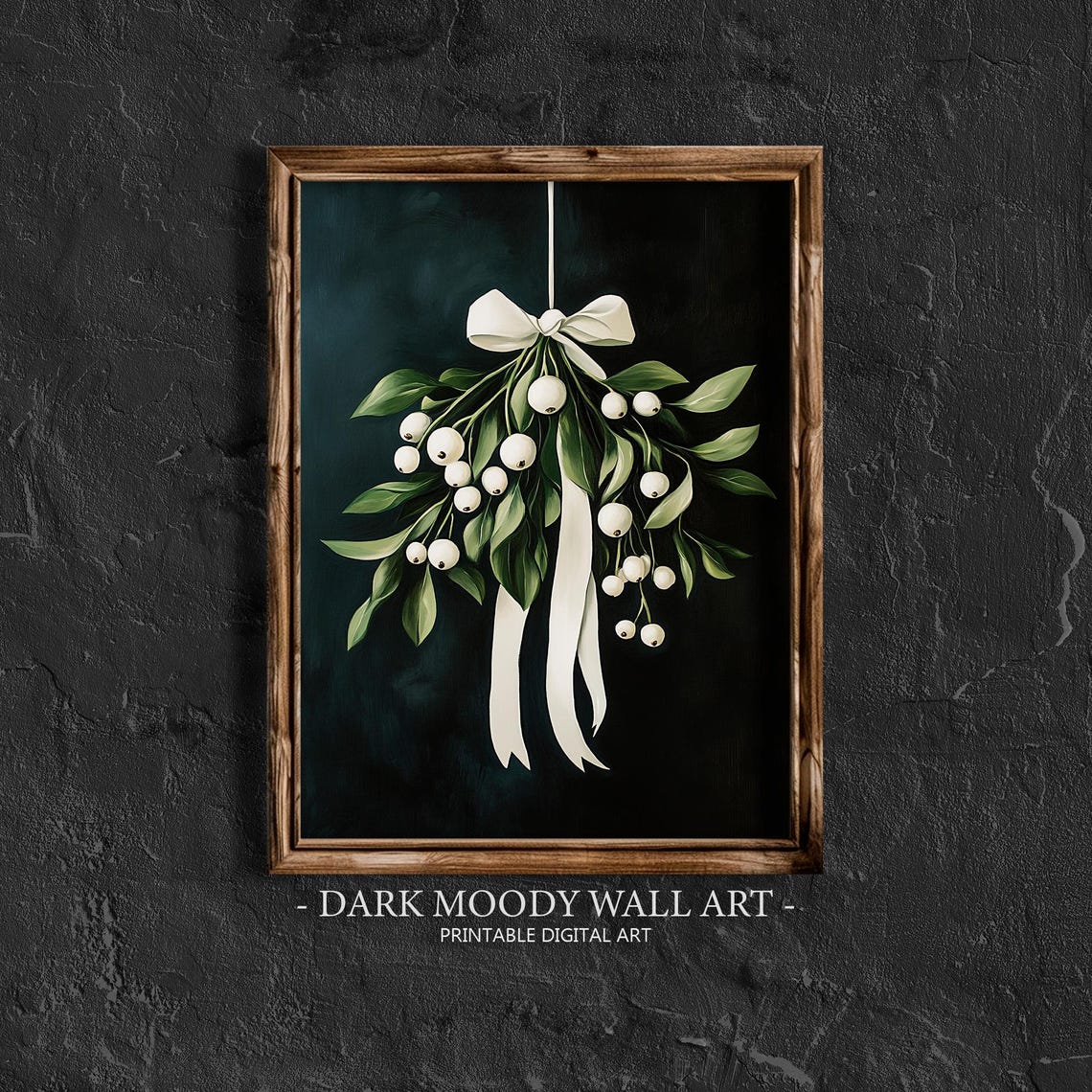 Vintage Mistletoe With White Berries And Bow Dark Botanical Wall Art