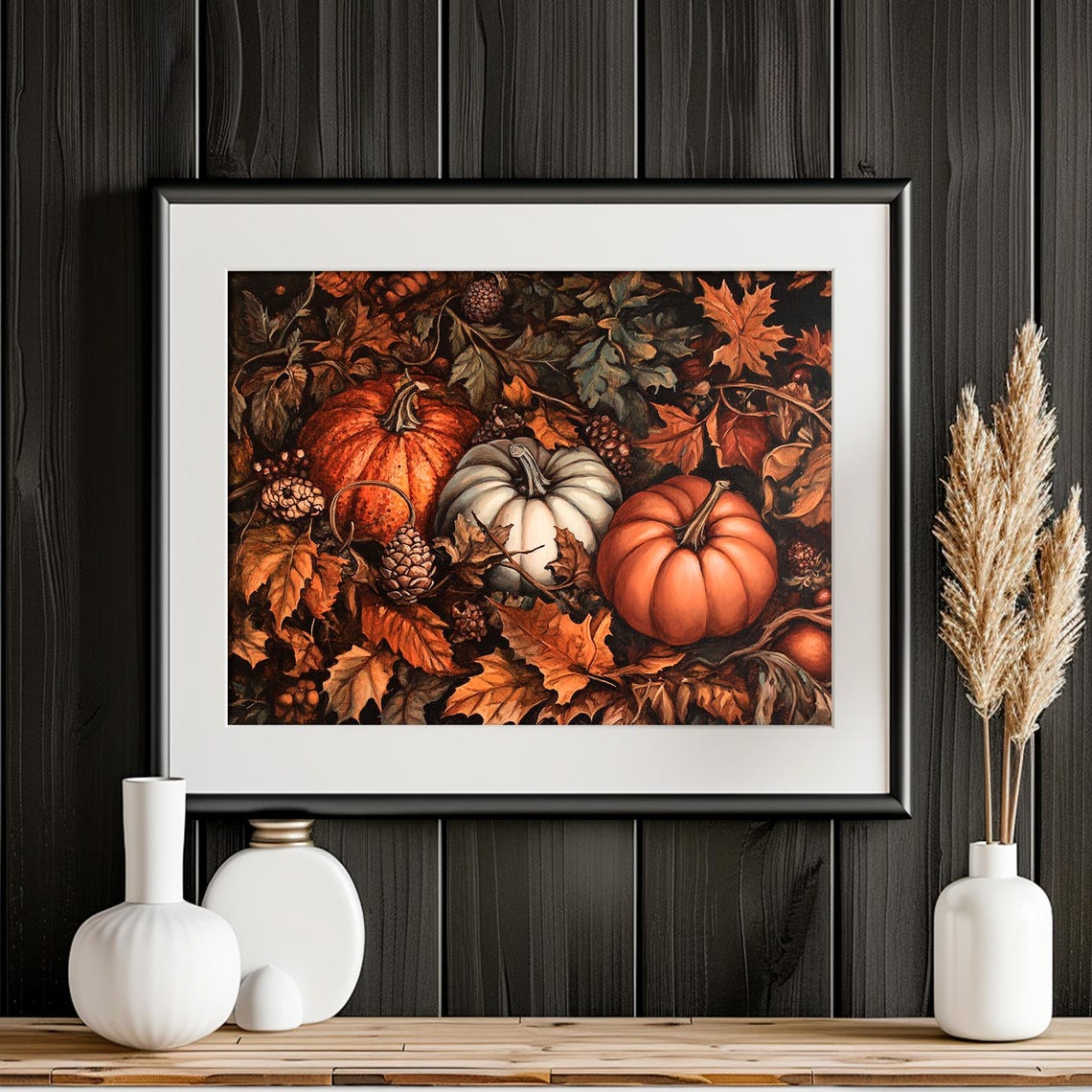 Rustic Pumpkins Fall Leaves Harvest Still Life Painting Wall Art - Image 3