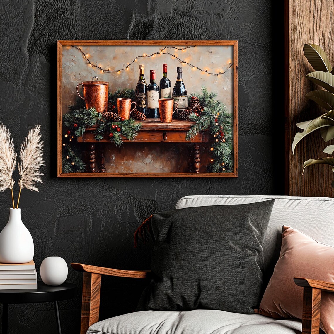 Cozy Copper Mugs and Wine Bottles on Christmas Bar Cart Wall Art - Image 6