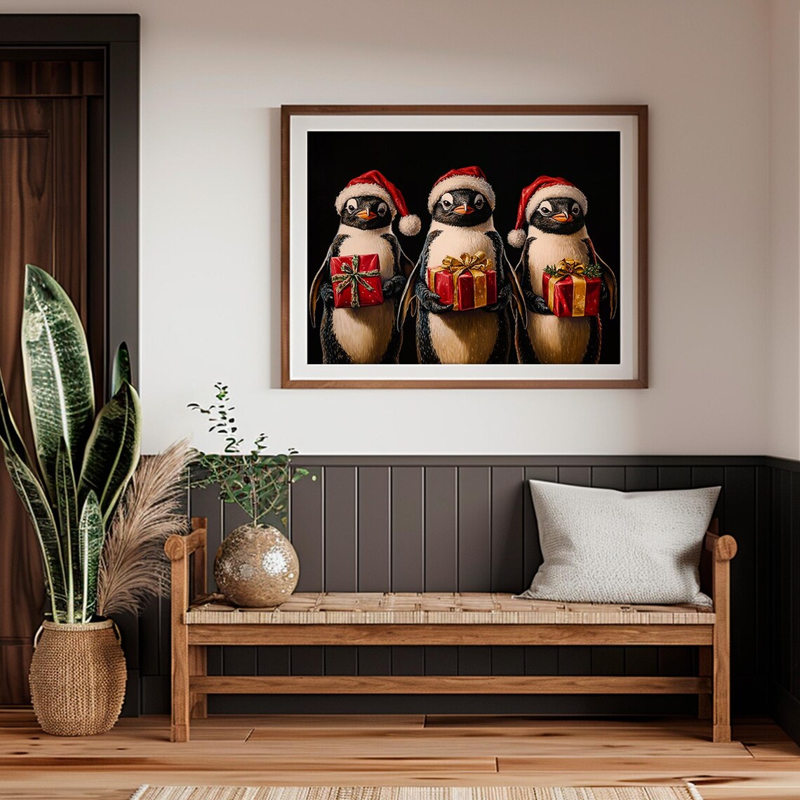 Penguins in Santa Hats Holding Gifts Vintage Christmas Poster - Image 4