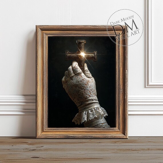 Lace Gloved Hand Holding Ornate Gold Cross Dark Faith Wall Art