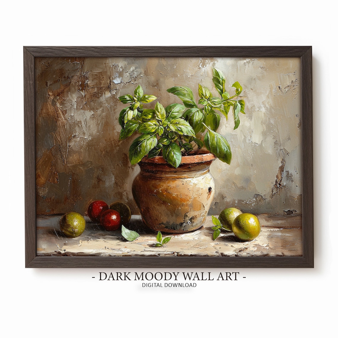 Moody Basil Still Life, Kitchen Decor Art Print