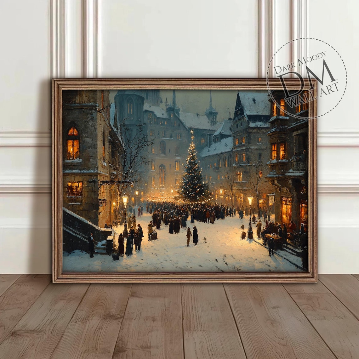 Victorian Town Square Christmas Tree Snowy Festival Night Poster
