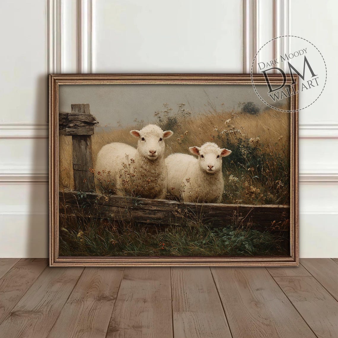 Two Fluffy Lambs in a Dark Moody Meadow Vintage Rustic Art Poster
